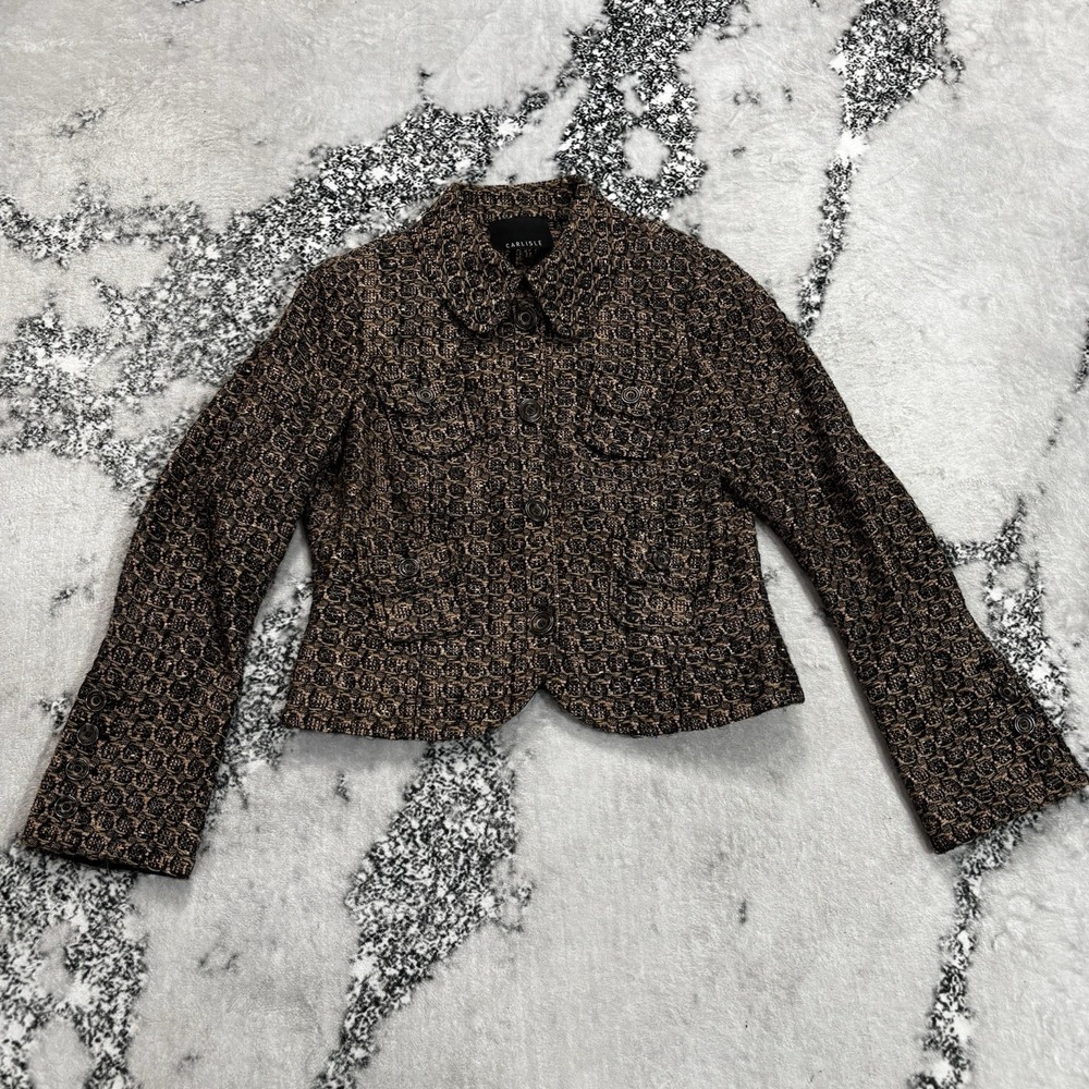 Carlisle Brown & Black Textured Tweed Cropped Blazer Jacket Size 10 Button Front